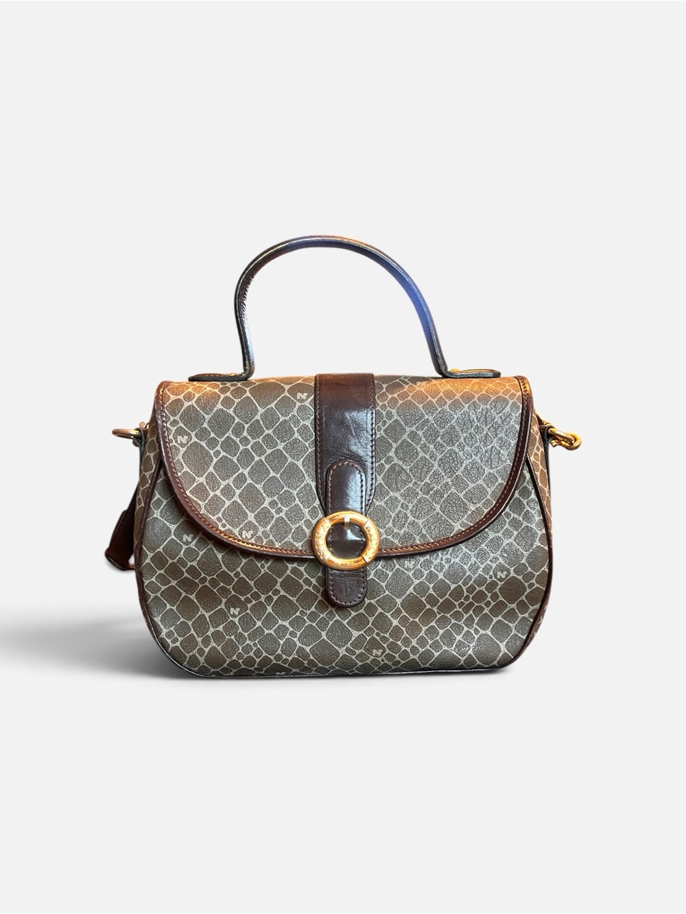 Nina Ricci Vintage Monogram Top Handle Satchel Crossbody Bag Brown Leather